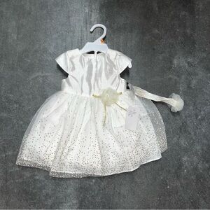 White and Gold Baby Dress with Floral Accent Size 12 Months NEW